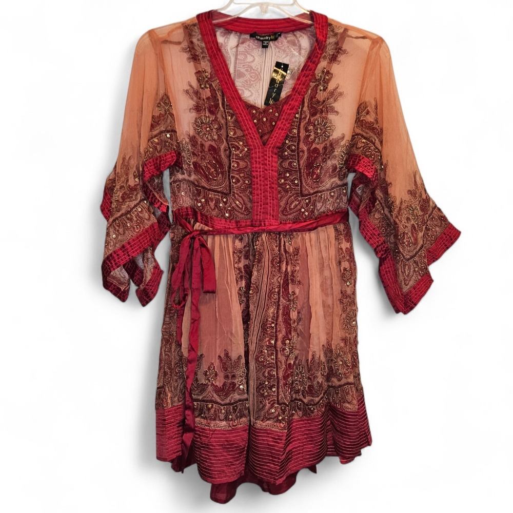 Chaudry Kaftan Slip Dress Small Red Embroidered Mesh Flowy Sleeves Beaded Boho - Picture 14 of 15